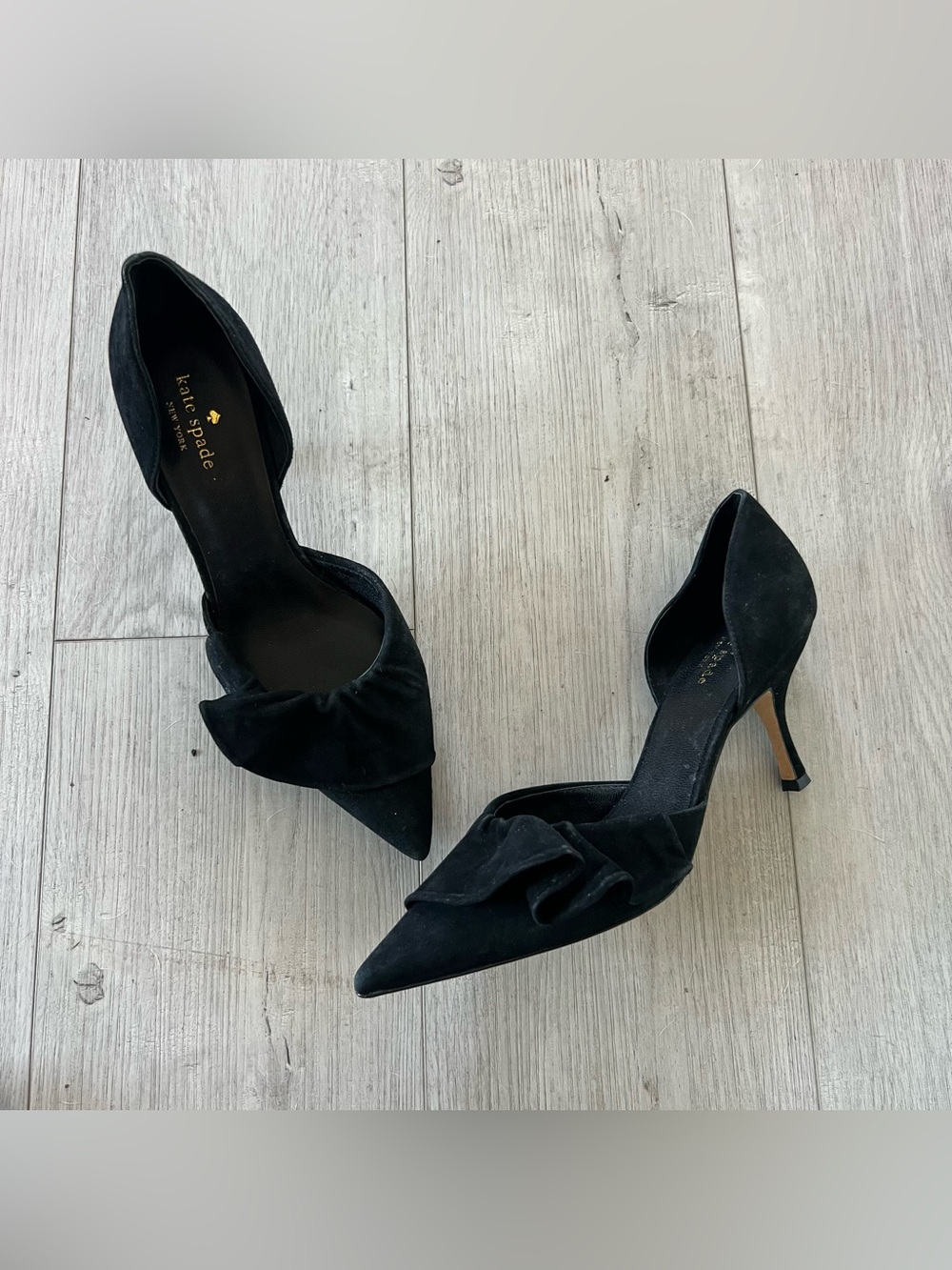 kate spade Black Suede Pointed D'Orsay Heels with Bow